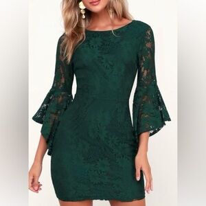 Lulu’s Allure ‘Em Green Lace Flounce Sleeve Dress